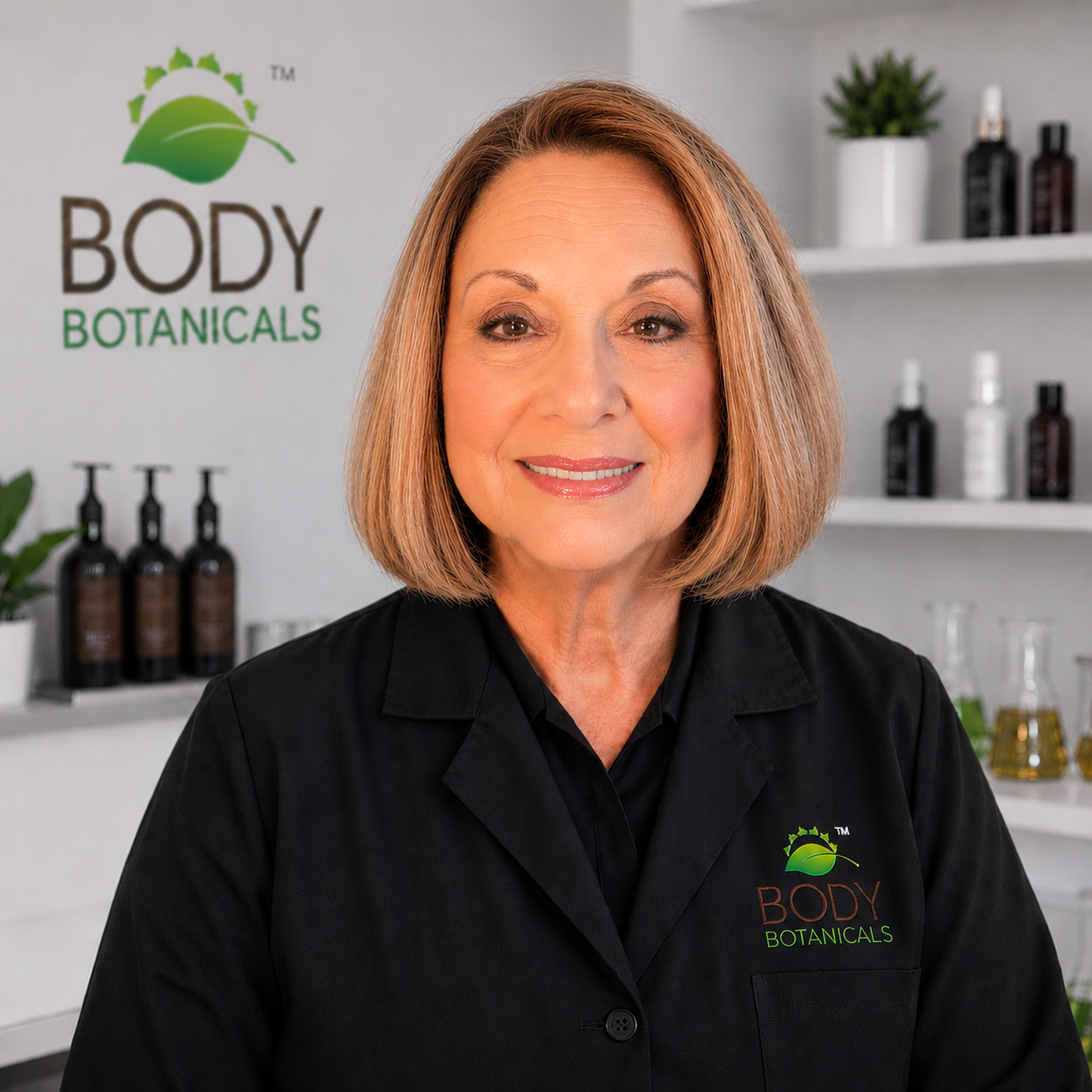 Denice Traeger, founder of Body Botanicals, wearing a branded lab coat in front of the Body Botanicals logo and product shelf — cosmetics-trained formulator, brand founded 2001